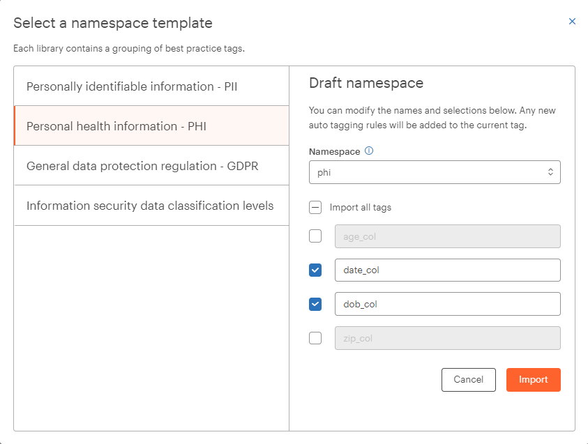 PHI Tag namespace template selected
