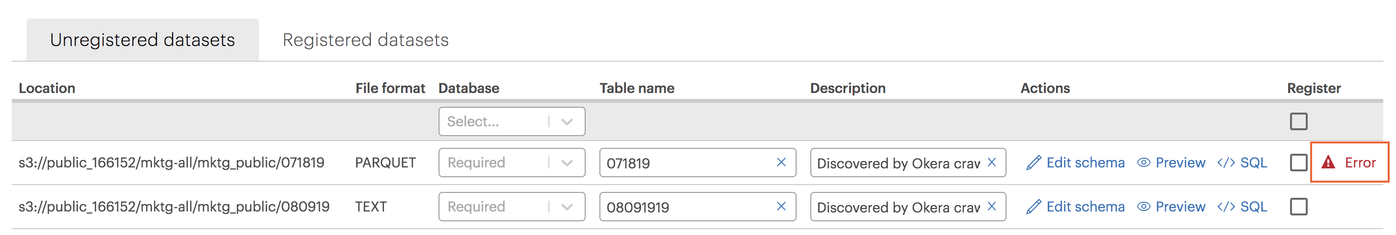 Unregistered table Error icon